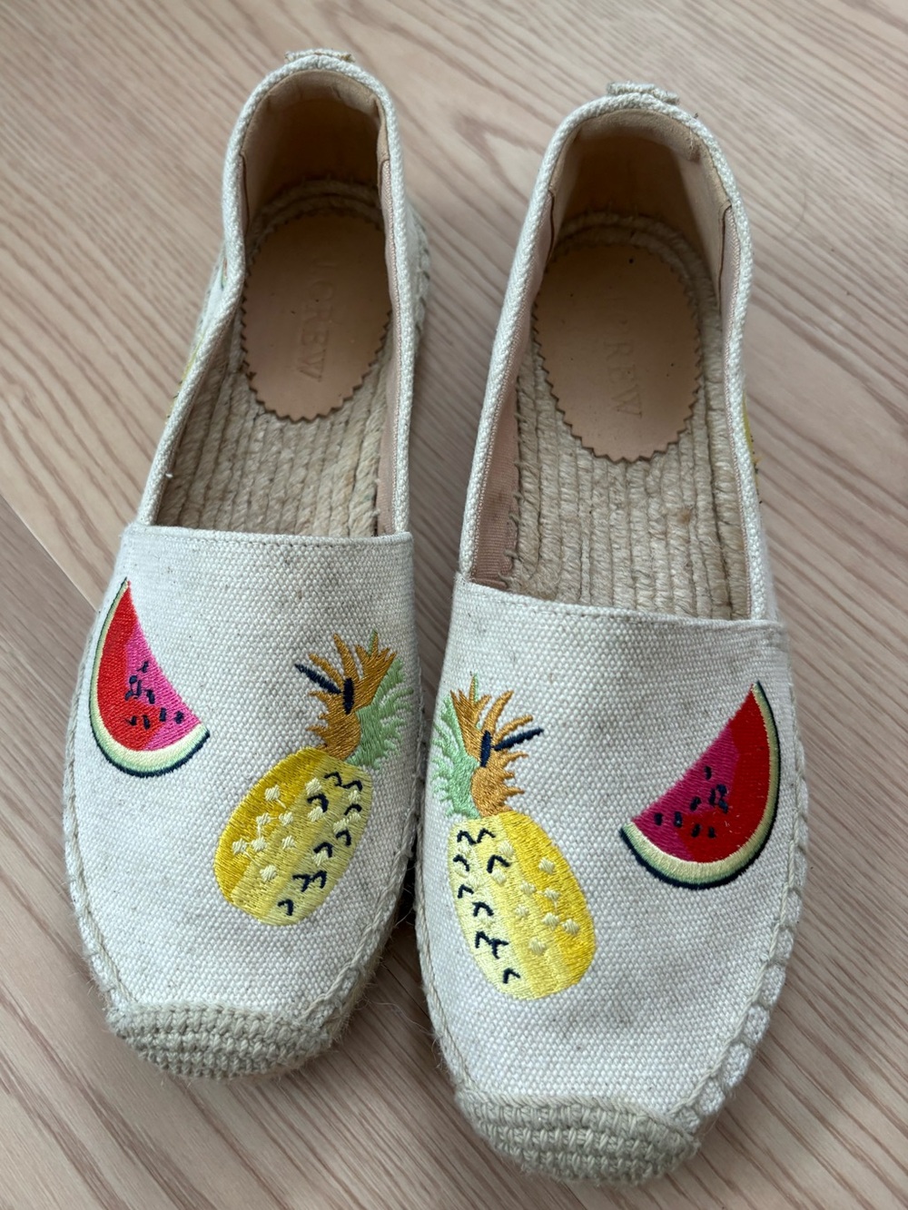 J. Crew Cream Canvas Espadrilles with Pineapple & Watermelon Embroidery